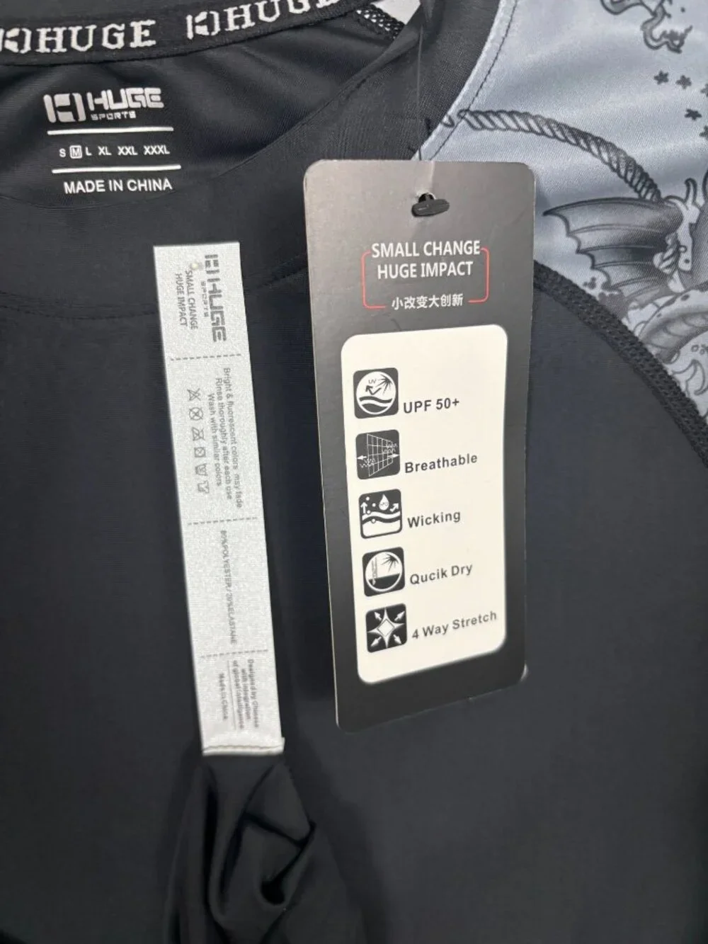 Huge Sports Mens Black & Gray Long Sleeve Rash Guard UPF 50+ Quick-Dry Med NWTs